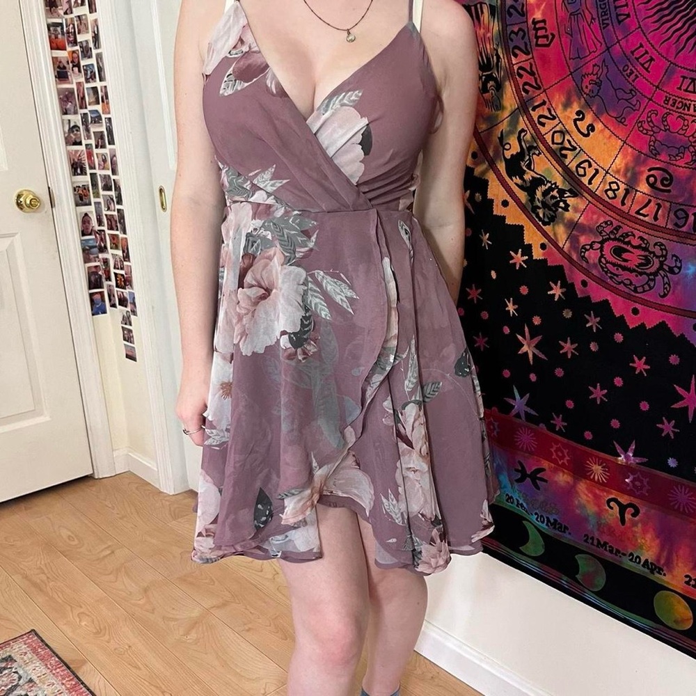 Floral Mauve Flowy Wrap formal mini midi Dress Windsor homecoming or prom